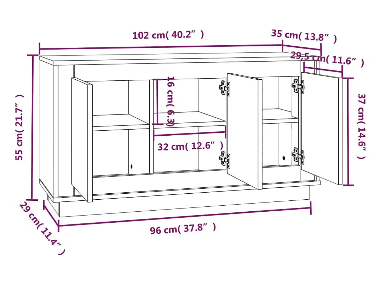 Aparador buffet cómoda armario unidad de almacenamiento organizador cocina salón salonsonoma 102 x 35 x 55 cm madera contrachapada gris 02_0036269