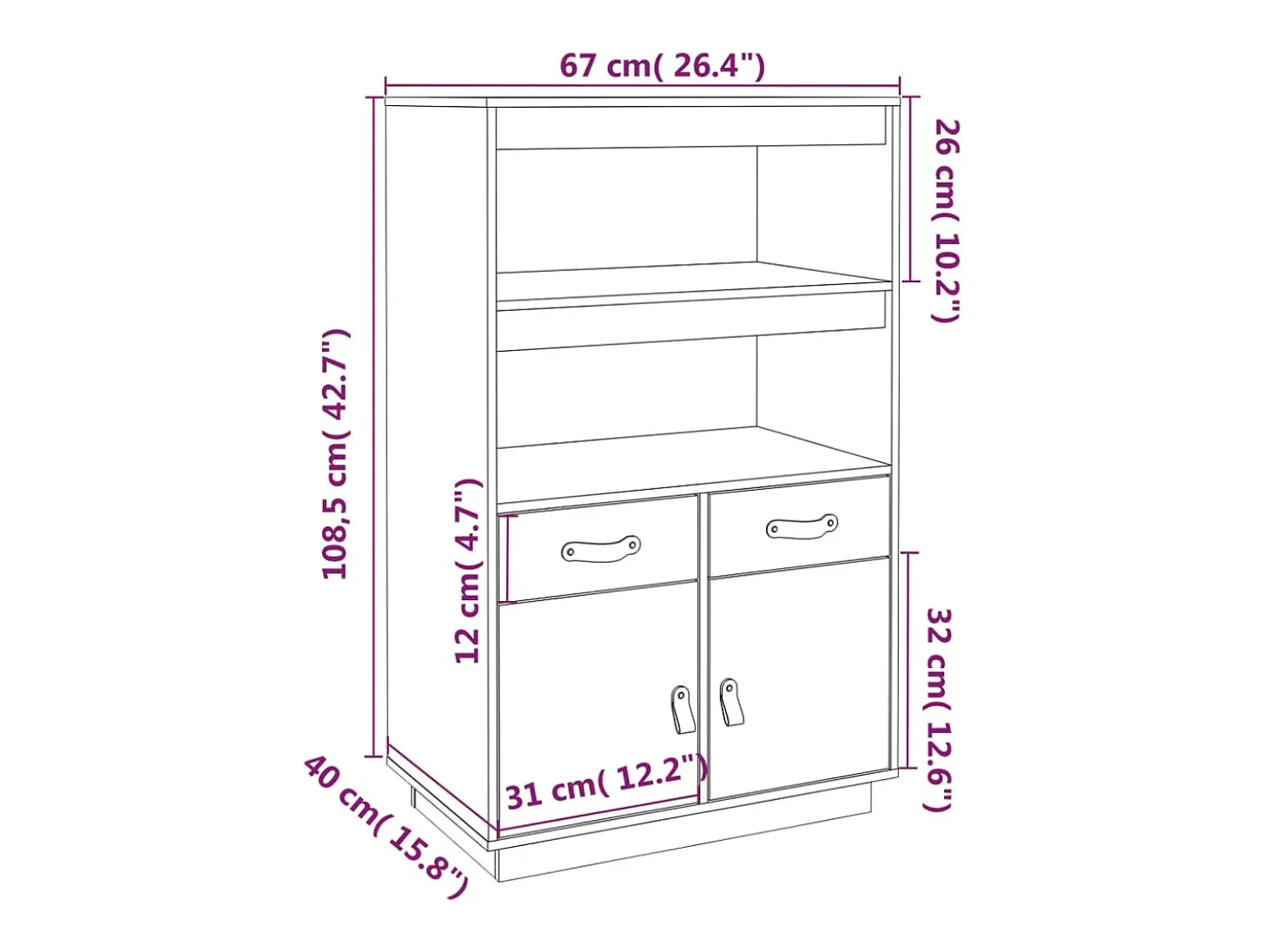 Aparador buffet cómoda armario mueble organizador cocina salón salón alto 67 x 40 x 108,5 cm madera maciza de pino blanco 02_0032480
