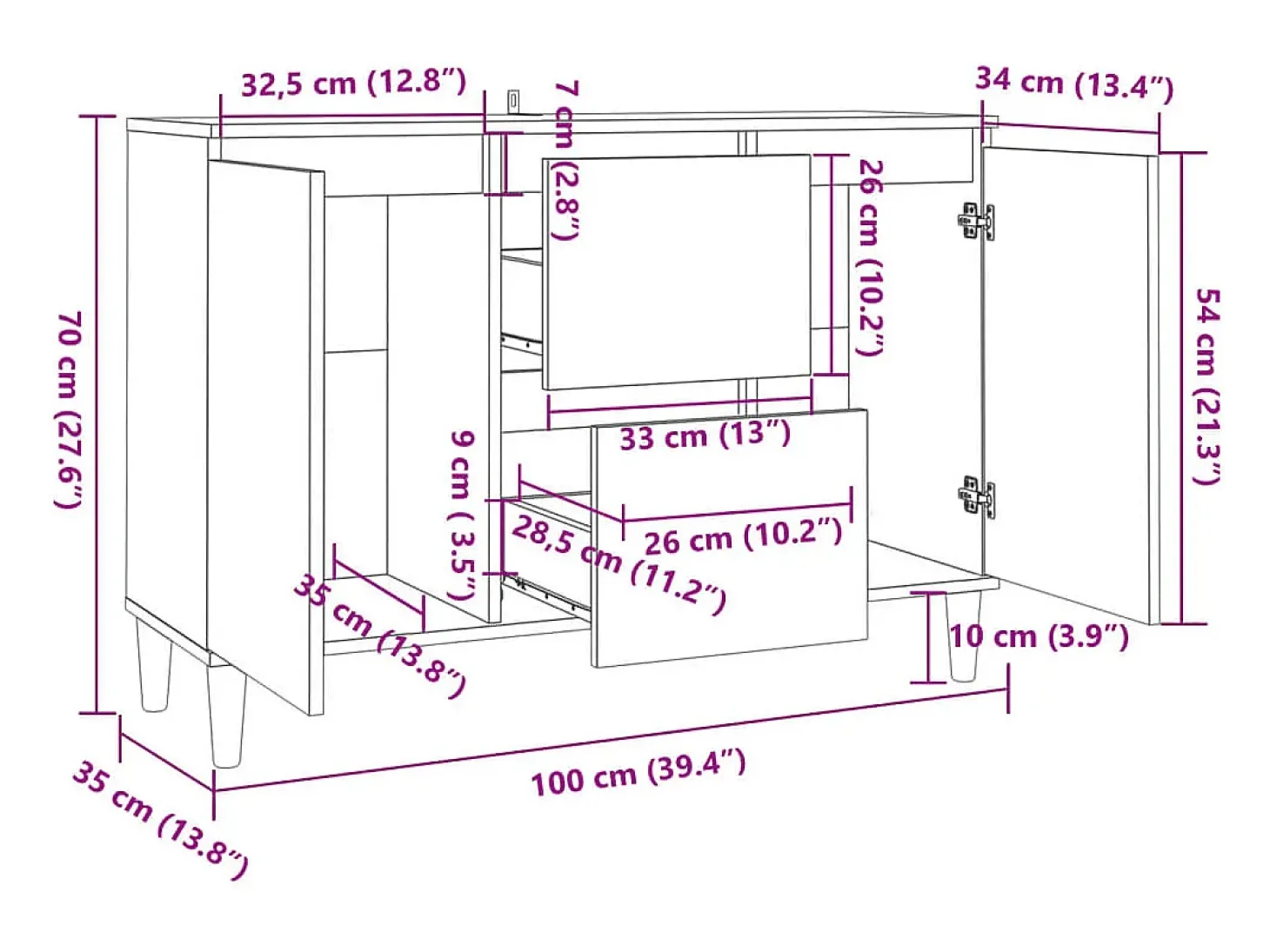 Aparador buffet cómoda armario unidad de almacenamiento organizador cocina salón salón 101 x 35 x 70 cm madera contrachapada marrón 02_0030844