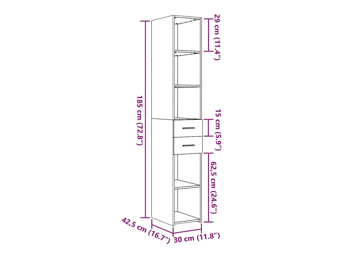 Aparador buffet cómoda armario mueble organizador cocina salón salón alto 30 x 42,5 x 185 cm madera contrachapada negro 02_0034766