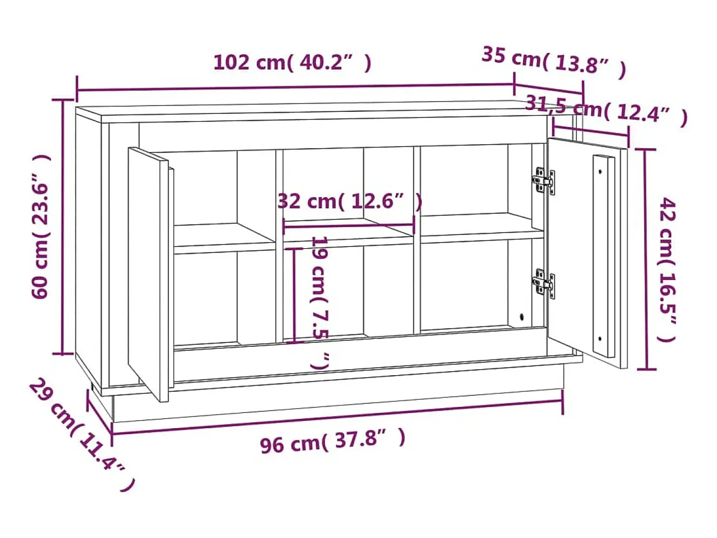 Aparador buffet cómoda mueble mueble de almacenamiento organizador cocina salón salón 102 x 35 x 60 cm madera contrachapada negro 02_0035818