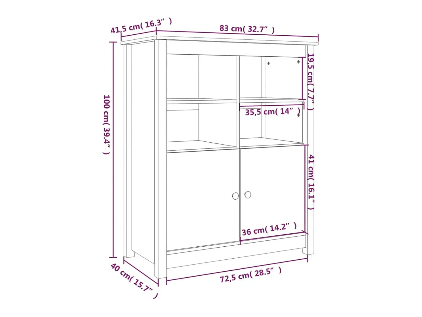 Aparador buffet cómoda mueble mueble de almacenaje organizador cocina salón salón 83 x 41,5 x 100 cm madera maciza de pino marrón 02_0035766