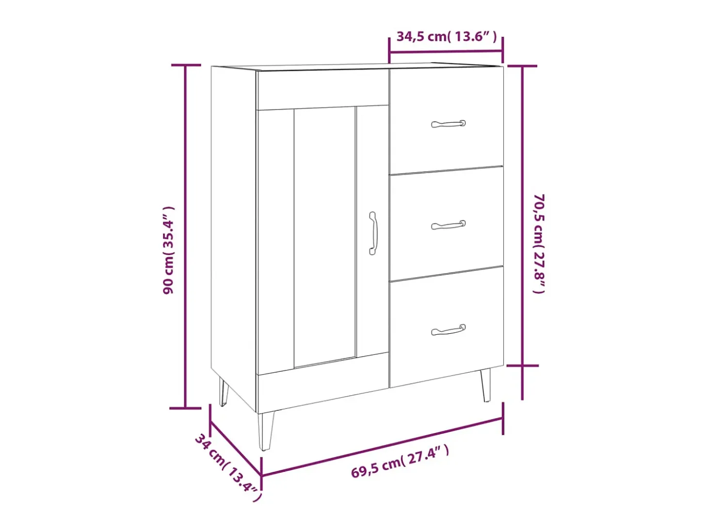 Aparador buffet cómoda mueble mueble de almacenaje organizador cocina salón salón 69,5 x 34 x 90 cm madera contrachapada marrón 02_0031044