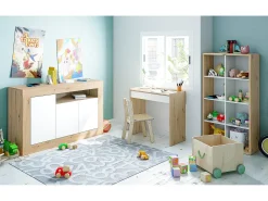 Aparador Buffet Mueble de Almacenamiento en aglomerado de melamina Color Blanco Mate y Roble - Altura 87 x Longitud 144 cm x Profundidad 42 cm