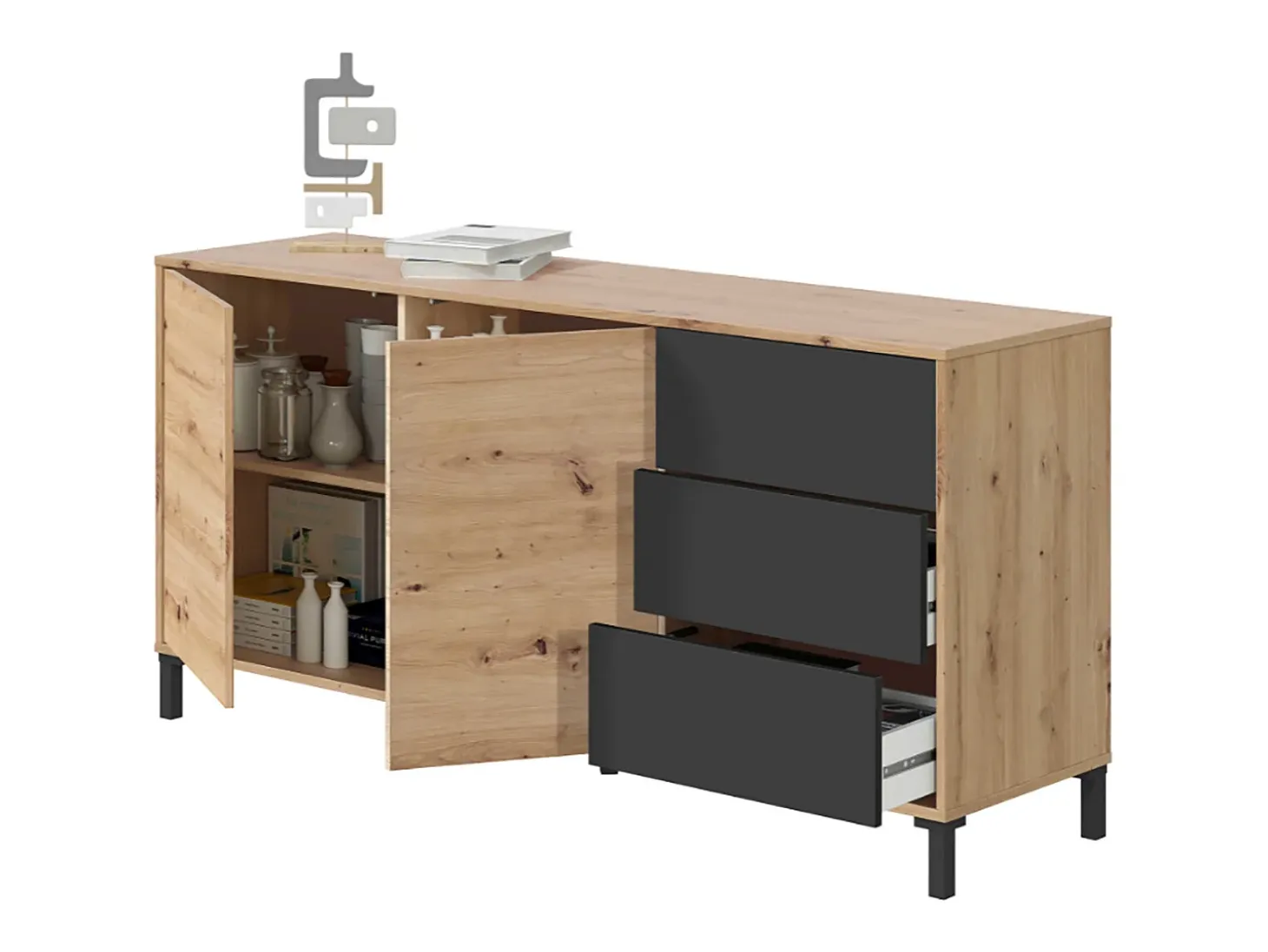 Aparador Buffet Mueble de Almacenamiento en melamina Color Roble y Gris Antracita - Altura 74 x Longitud 154 x Profundidad 41 cm
