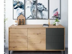 Aparador Buffet Mueble de Almacenamiento en melamina Color Roble y Gris Antracita - Altura 74 x Longitud 154 x Profundidad 41 cm