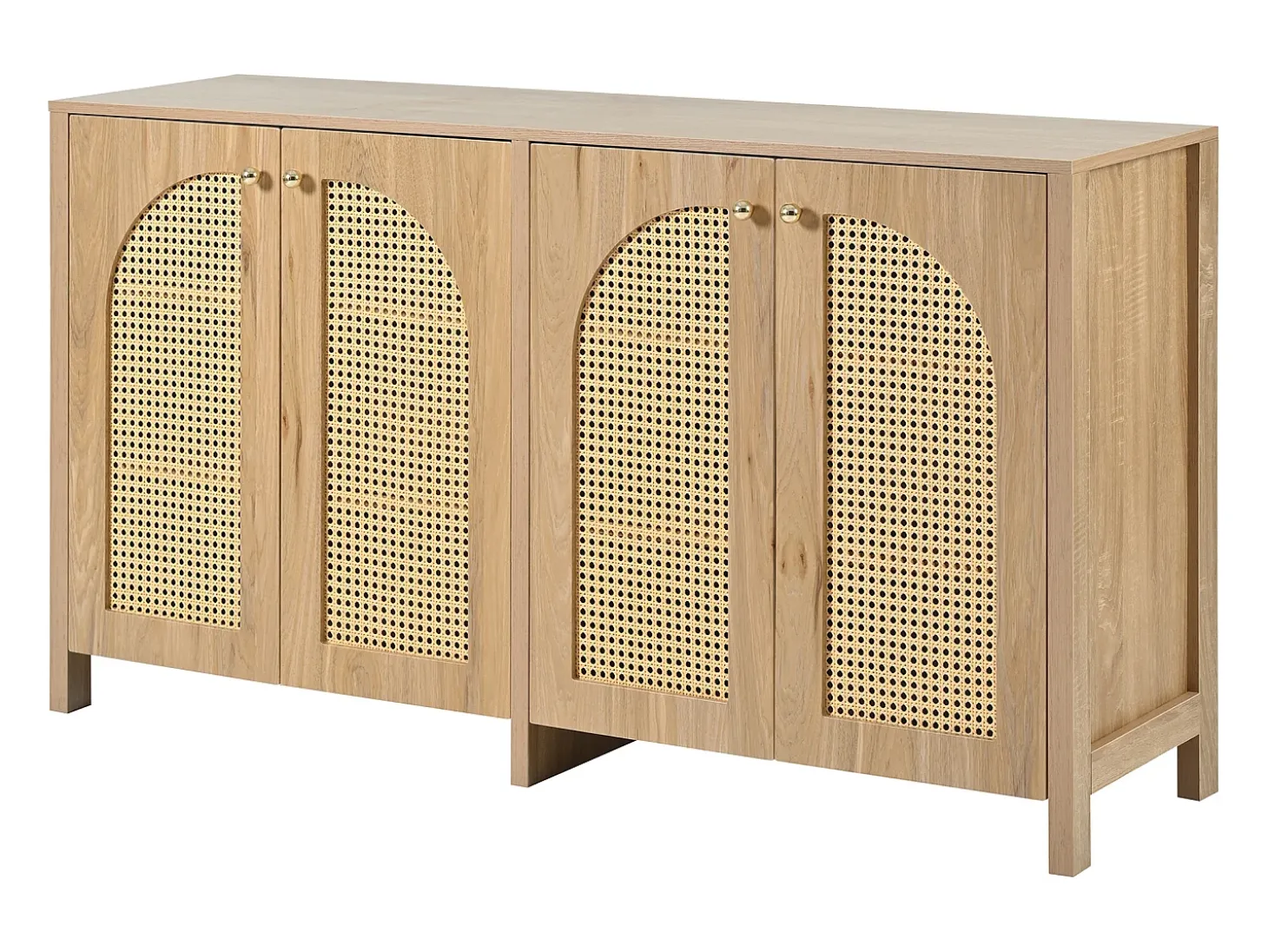 Aparador clásico natural de 4 puertas, diseño de puerta curva de ratán, 145x80x40cm