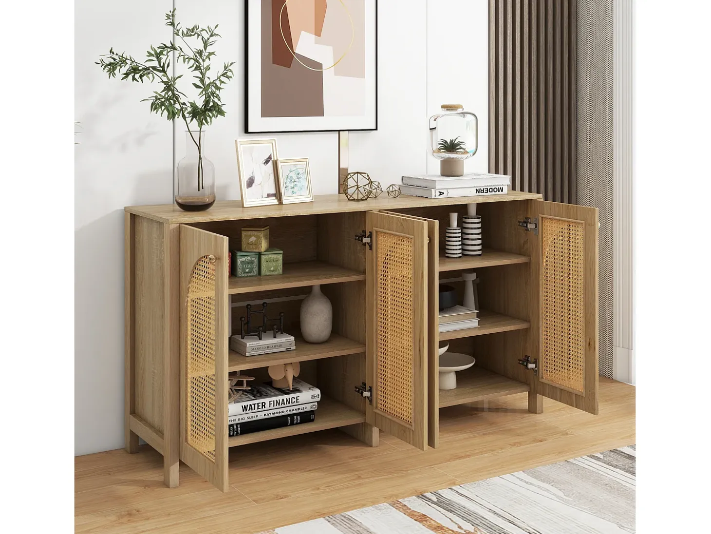 Aparador clásico natural de 4 puertas, diseño de puerta curva de ratán, 145x80x40cm