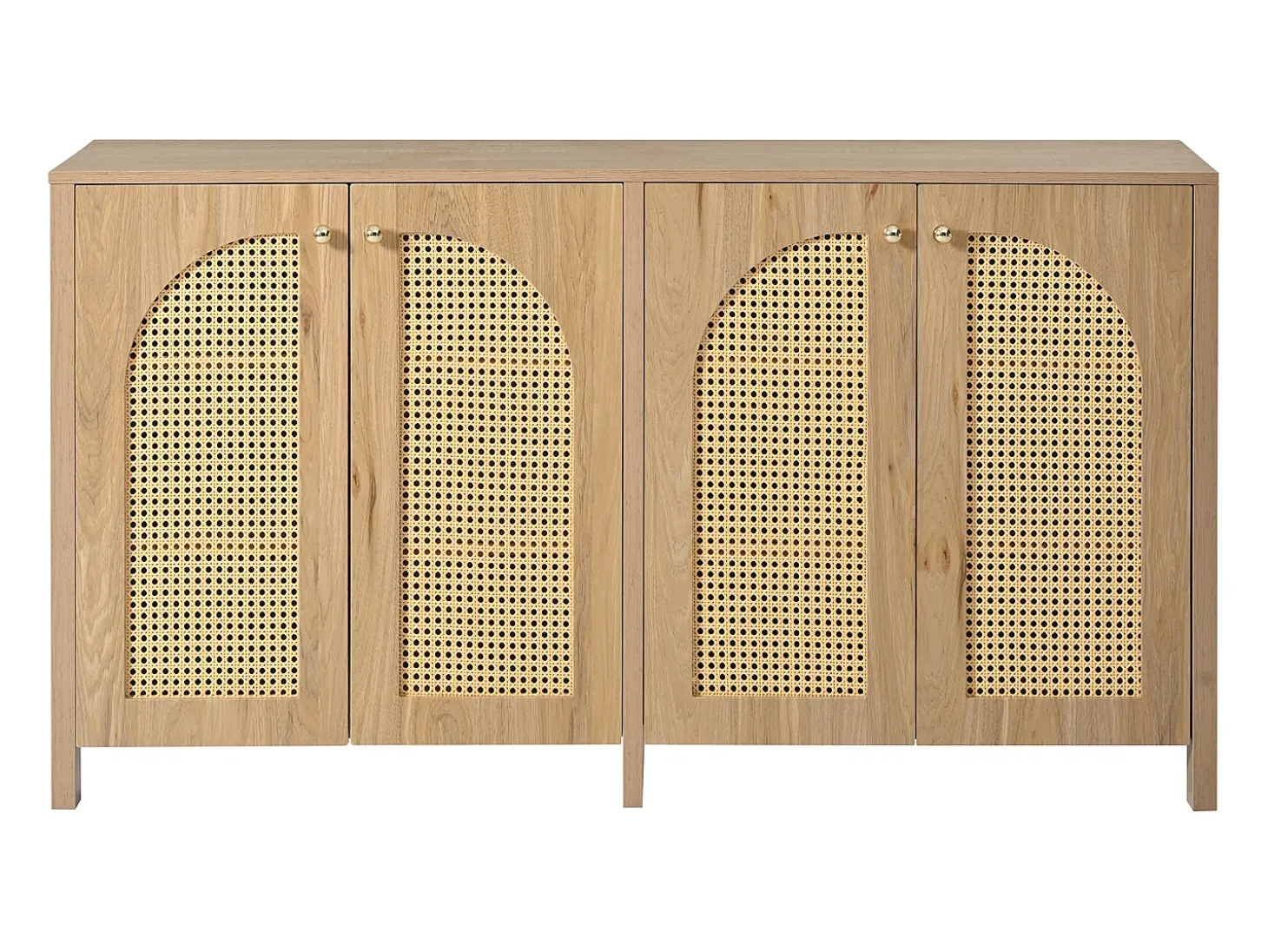 Aparador clásico natural de 4 puertas, diseño de puerta curva de ratán, 145x80x40cm