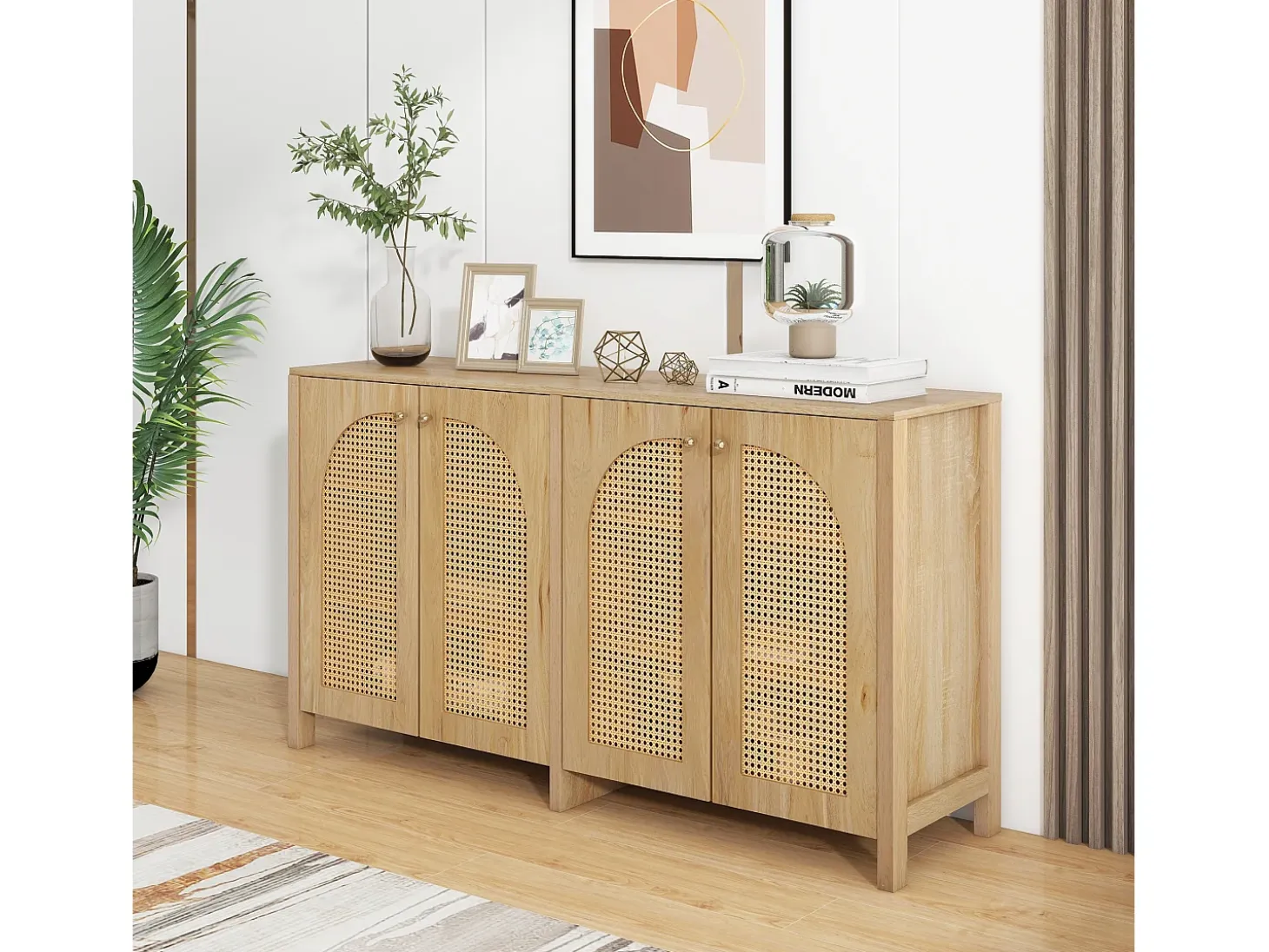 Aparador clásico natural de 4 puertas, diseño de puerta curva de ratán, 145x80x40cm