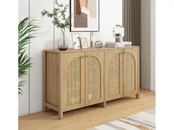 Aparador clásico natural de 4 puertas, diseño de puerta curva de ratán, 145x80x40cm