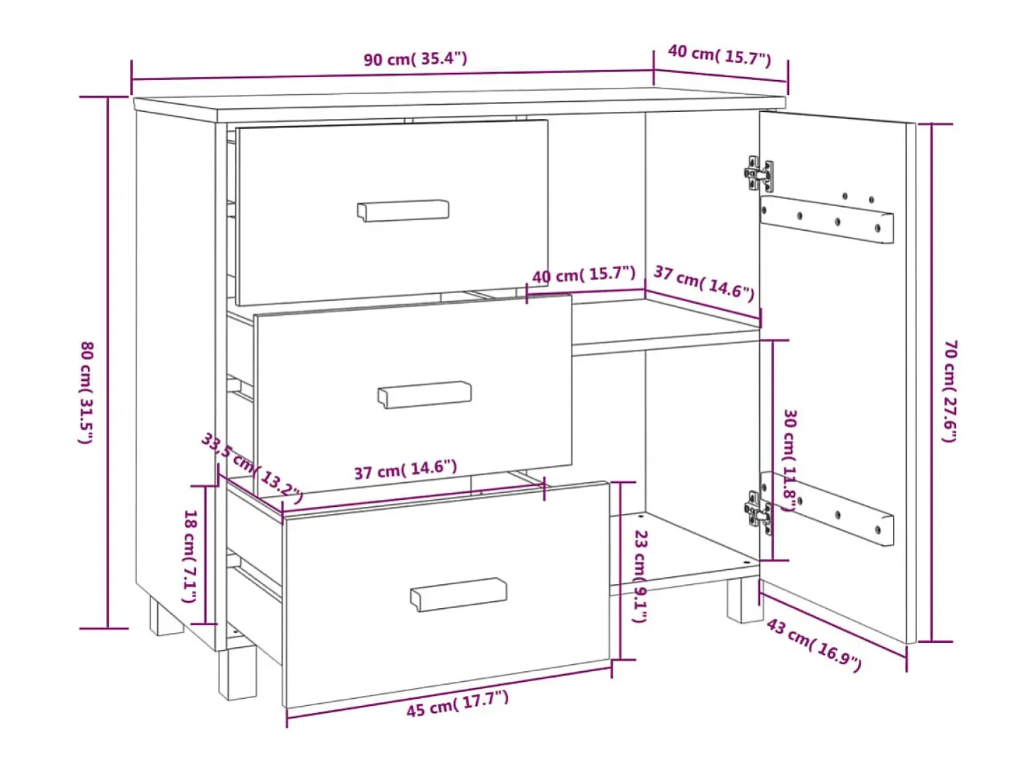 Aparador cómoda cómoda armario mueble organizador cocina salón luz 90 x 40 x 80 cm madera maciza de pino gris 02_0032162