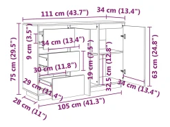 Aparador cómoda cómoda armario mueble organizador cocina salón salón 111 x 34 x 75 cm madera maciza de pino blanco 02_0030203