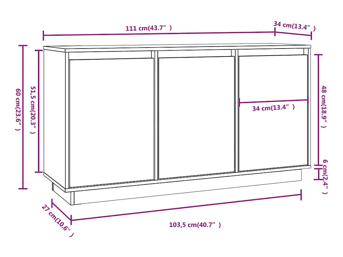 Aparador cómoda cómoda armario mueble organizador cocina salón salón 111 x 34 x 60 cm madera maciza de pino blanco 02_0030201