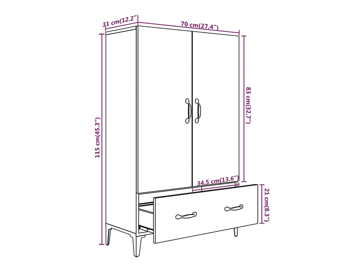 Aparador cómoda cómoda armario mueble organizador cocina salón salón alto 70 x 31 x 115 cm madera contrachapada gris 02_0034708