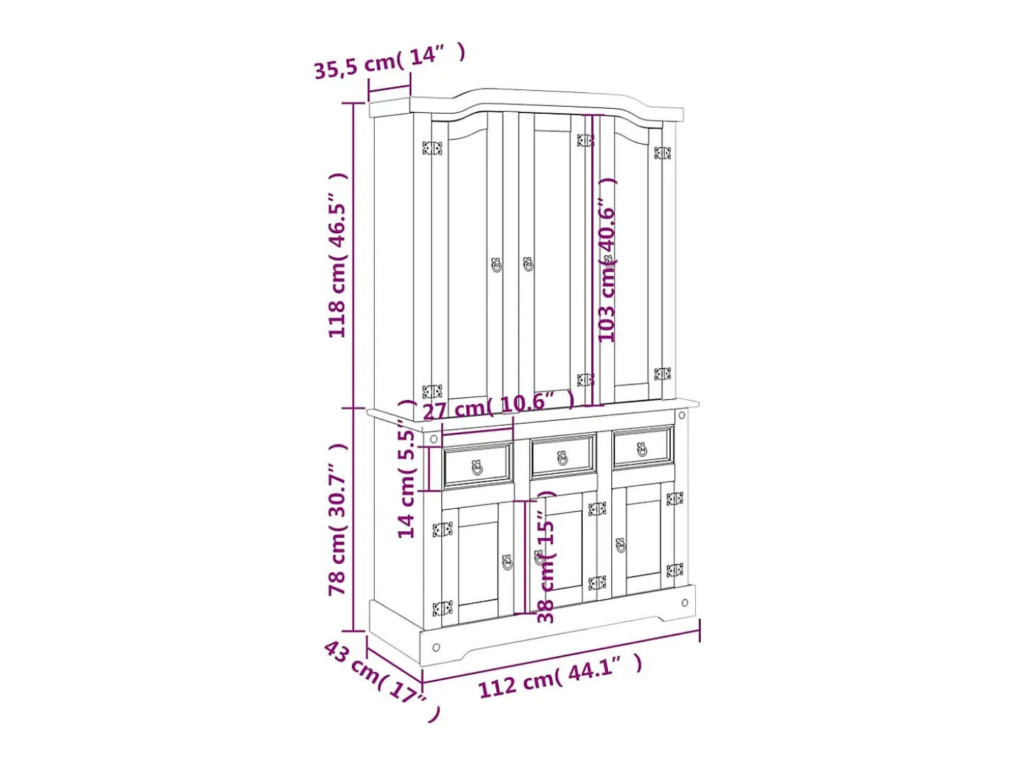 Aparador Cómoda Cómoda Mueble Almacenamiento Organizador Cocina Salón Corona 112 x 43 x 196 cm Madera Maciza Pino Mexicano Marrón 02_0031748