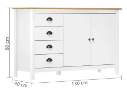 Aparador Cómoda Cómoda Mueble Almacenamiento Organizador Cocina Salón Hill 130 x 40 x 80 cm Madera Maciza de Pino Blanco 02_0035667