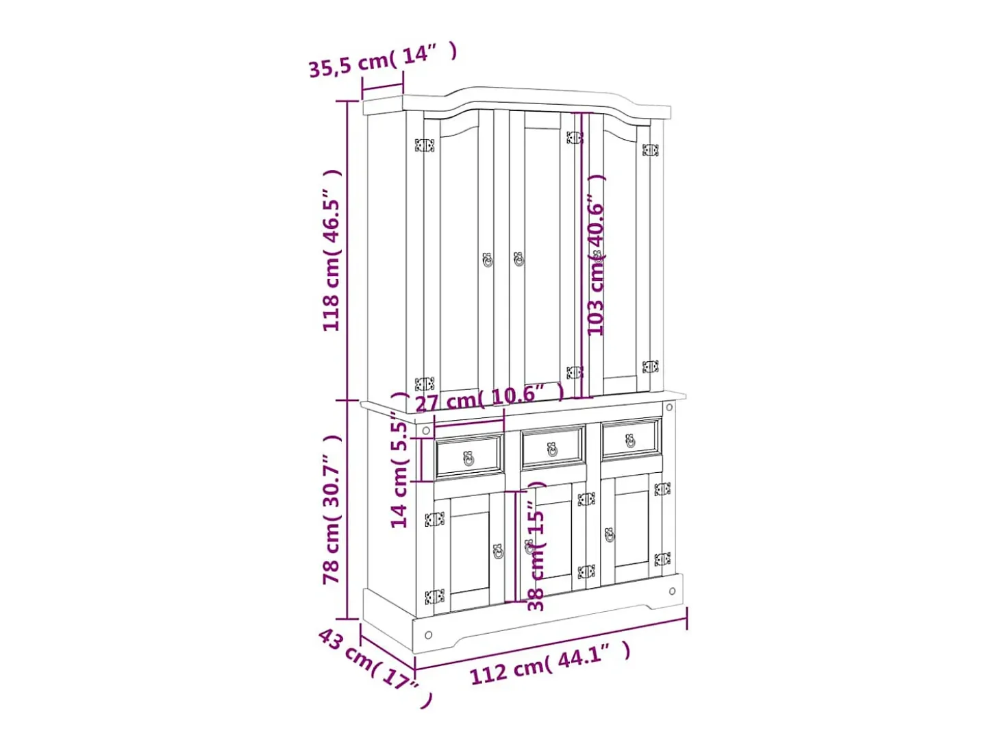 Aparador cómoda cómoda mueble almacenaje organizador cocina salón salón alto Corona 112 x 43 x 196 cm madera maciza pino mexicano blanco 02_0034220