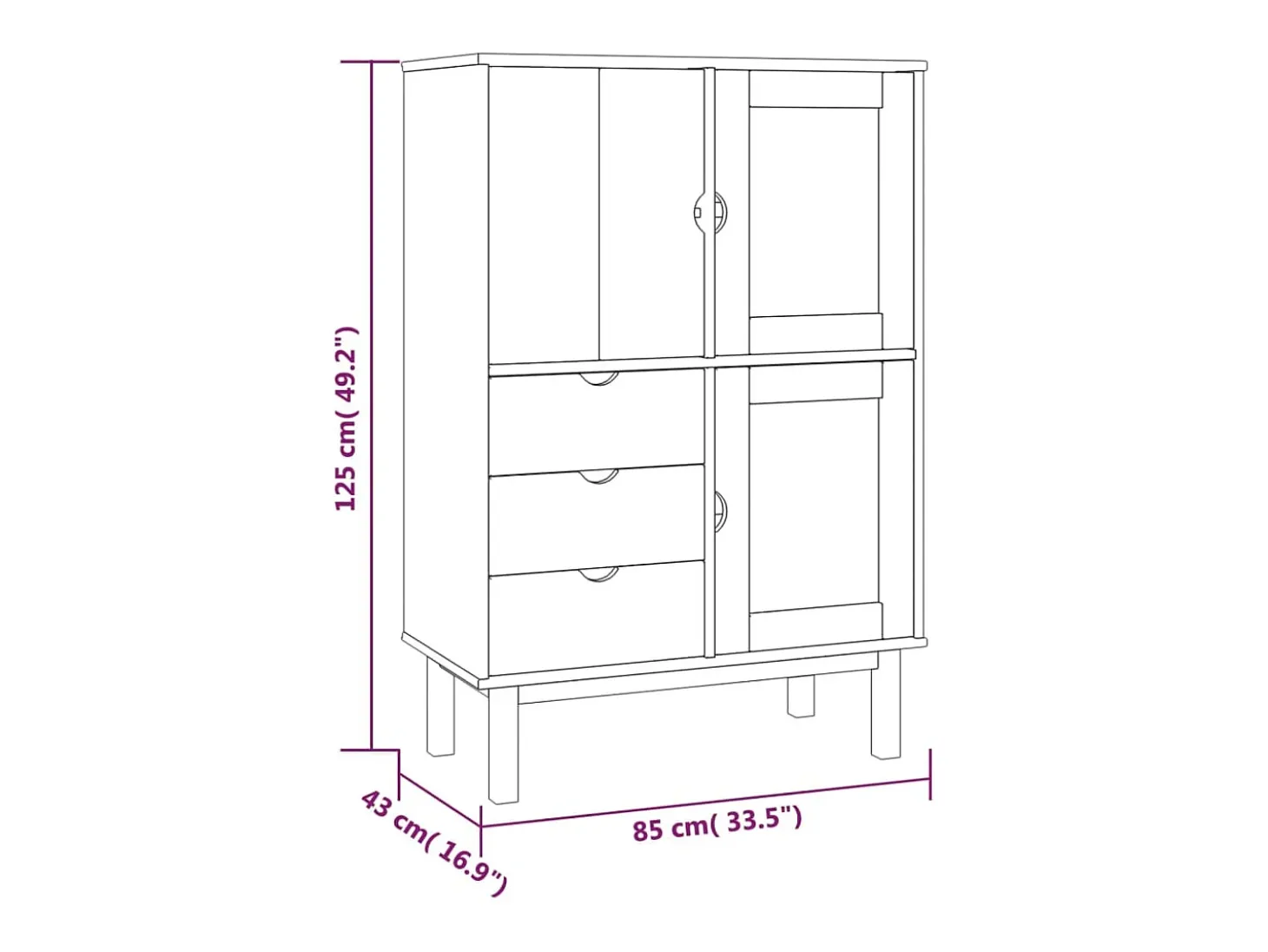 Aparador Cómoda Cómoda Mueble Almacenamiento Organizador Cocina Salón Salón Alto y 85 x 43 x 125 cm Madera Maciza Pino Blanco 02_0035151