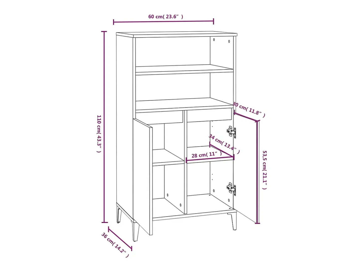 Aparador cómoda cómoda mueble mueble de almacenaje organizador cocina salón salón alto 60 x 36 x 110 cm madera contrachapada blanco 02_0032470