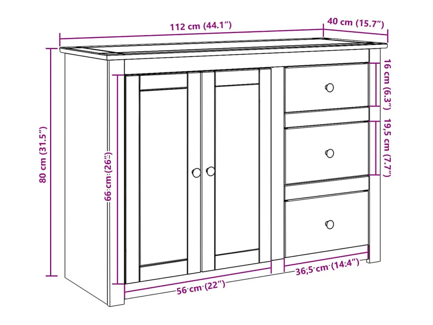 Aparador cómoda mueble almacenaje organizador cocina salón salón con cajones 112 x 40 x 80 cm madera maciza de pino marrón 02_0030129