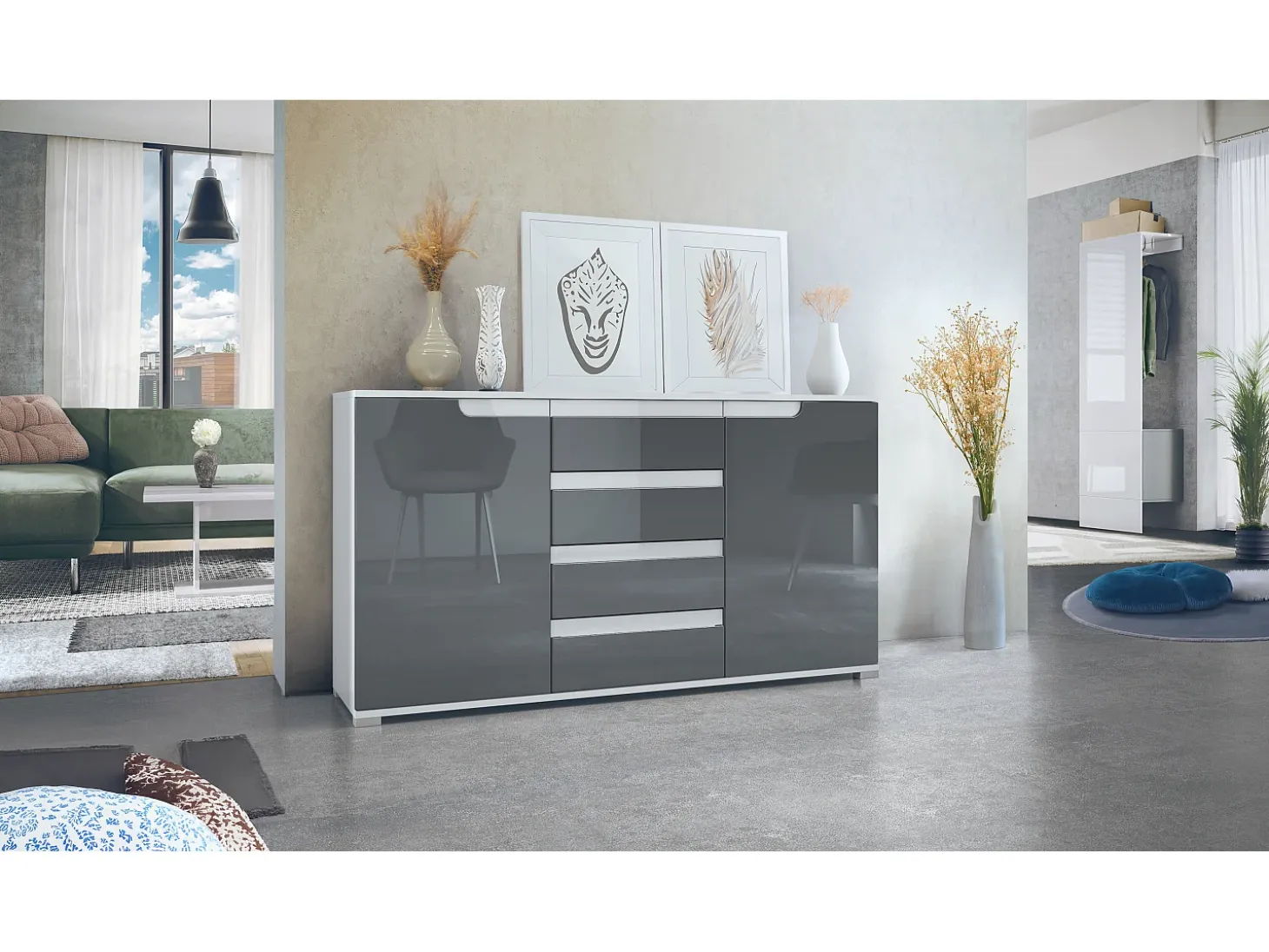 Aparador Cómoda Sylt , cuerpo en negro mate / Frente en gris de alto brillo con molduras en blanco de alto brillo (139 x 72 x 35)