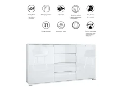 Aparador Cómoda Sylt , cuerpo en negro mate / Frente en gris de alto brillo con molduras en blanco de alto brillo (139 x 72 x 35)