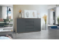 Aparador Cómoda Sylt , cuerpo en negro mate / Frente en antracita mate con molduras en antracita mate (139 x 72 x 35)