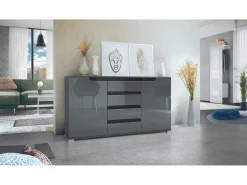 Aparador Cómoda Sylt , cuerpo en negro mate / Frente en gris de alto brillo con molduras en negro de alto brillo (139 x 72 x 35)