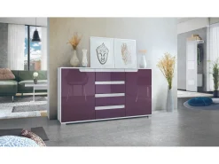Aparador Cómoda Sylt , cuerpo en negro mate / Frente en zarzamora de alto brillo con molduras en blanco de alto brillo (139 x 72 x 35)