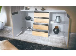 Aparador Cómoda Sylt , cuerpo en negro mate / Frente en zarzamora de alto brillo con molduras en blanco de alto brillo (139 x 72 x 35)