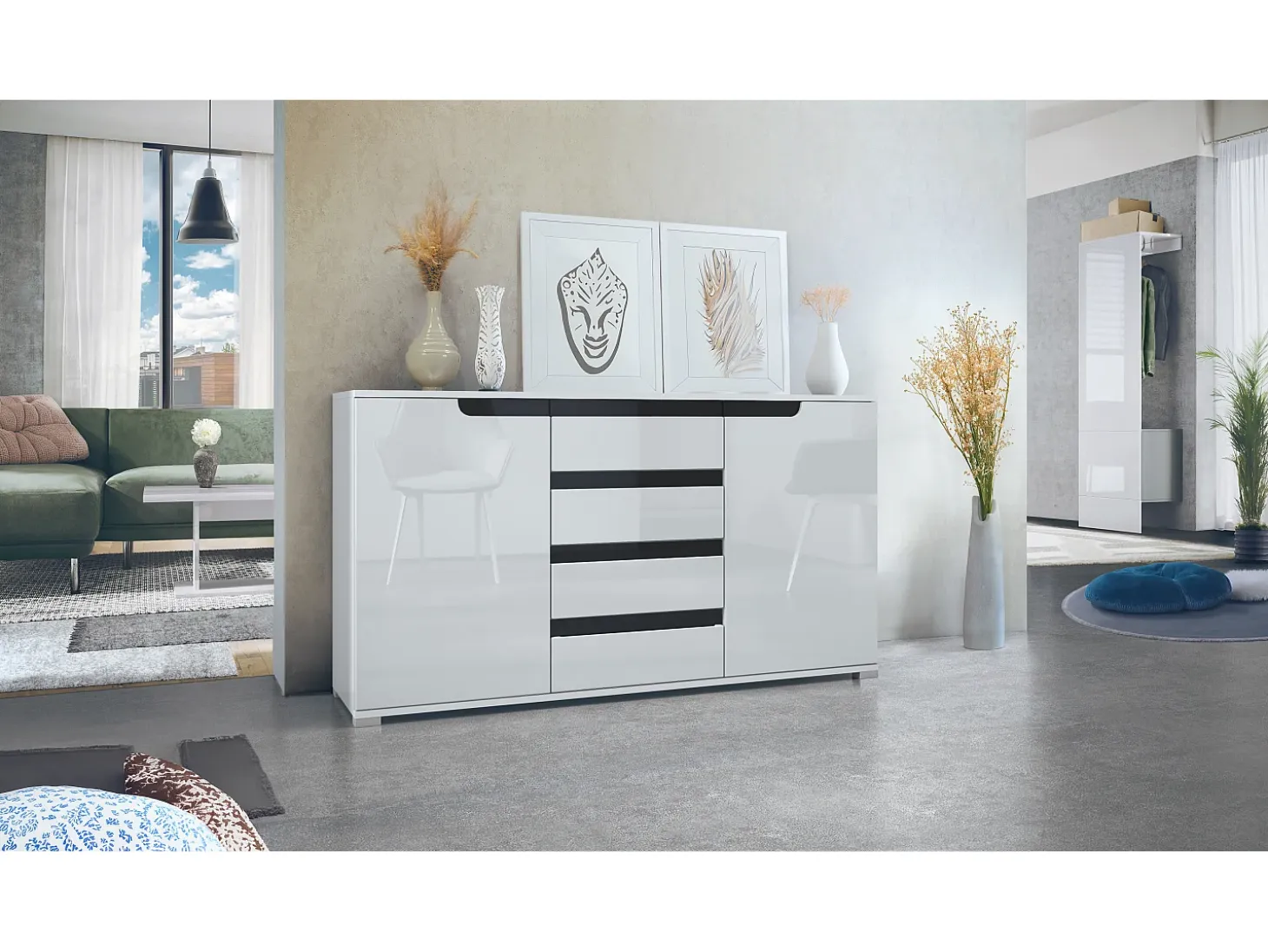 Aparador Cómoda Sylt , cuerpo en negro mate / Frente en blanco de alto brillo con molduras en negro de alto brillo (139 x 72 x 35)
