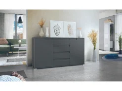 Aparador Cómoda Sylt , cuerpo en negro mate / Frente en antracita mate con molduras en antracita mate (139 x 72 x 35)