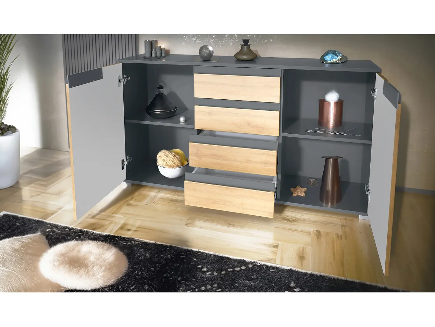 Aparador Cómoda Sylt , cuerpo en negro mate / Frente en antracita mate con molduras en antracita mate (139 x 72 x 35)