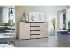 Aparador Cómoda Sylt , cuerpo en negro mate / Frente en gris arena de alto brillo con molduras en antracita mate (139 x 72 x 35)