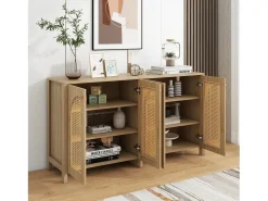 Aparador color madera con 4 puertas de ratán y estantes regulables, tiradores de metal, para salón y comedor