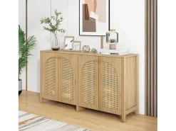 Aparador color madera con 4 puertas de ratán y estantes regulables, tiradores de metal, para salón y comedor