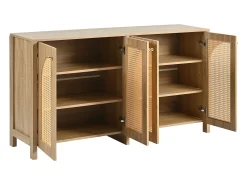 Aparador color madera con 4 puertas de ratán y estantes regulables, tiradores de metal, para salón y comedor