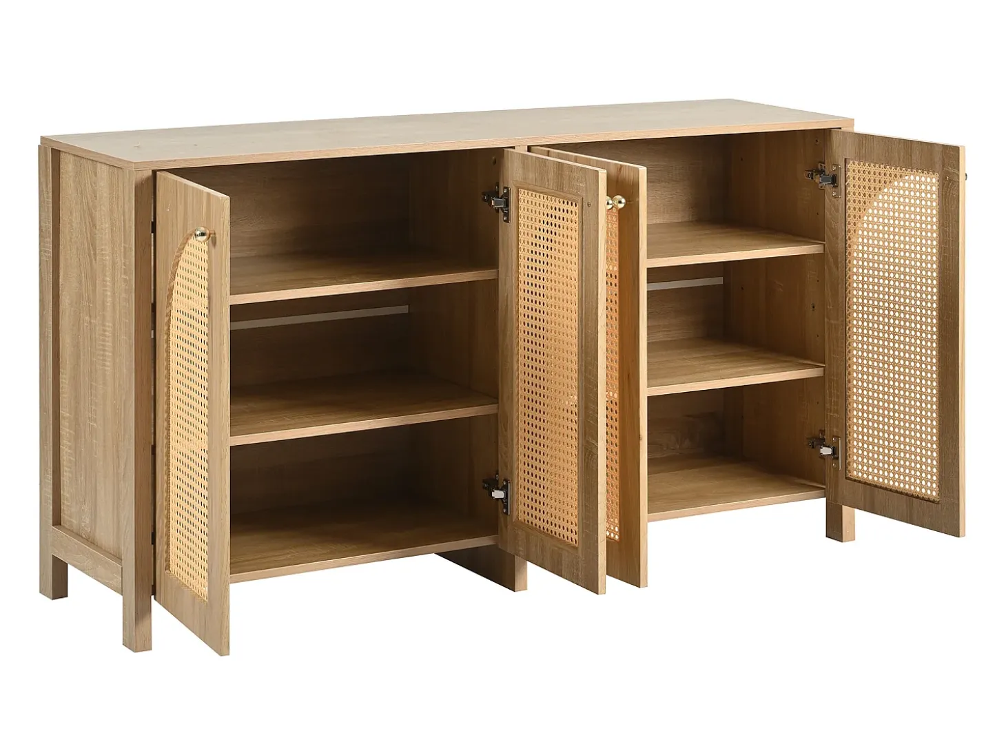 Aparador color madera con 4 puertas de ratán y estantes regulables, tiradores de metal, para salón y comedor
