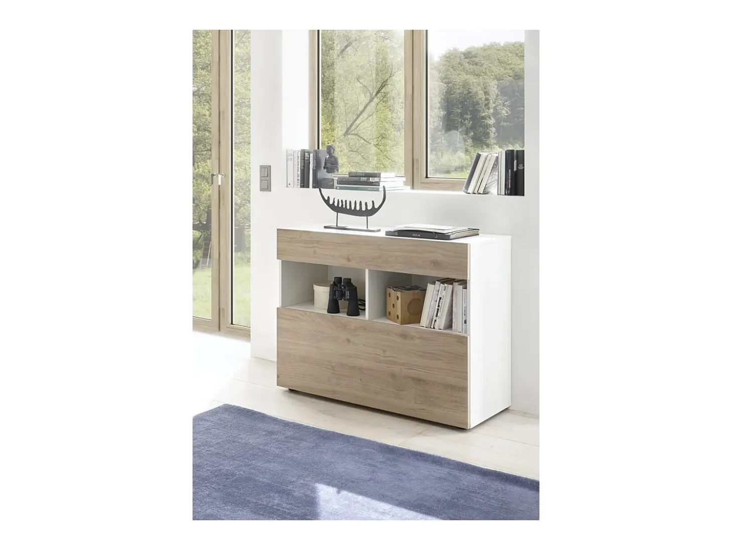 Aparador con 1 cajón y 1 puerta abatible, colección SULTANO, en colores blanco y roble claro, ideal para su salón.