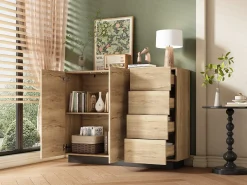 Aparador con 4 cajones + 2 puertas - 110 x 35,5 x 90,5 cm - para salón y cocina - aglomerado - natural + negro