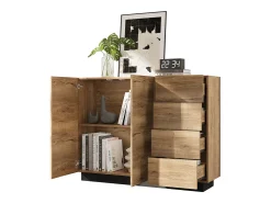 Aparador con 4 cajones + 2 puertas - 110 x 35,5 x 90,5 cm - para salón y cocina - aglomerado - natural + negro