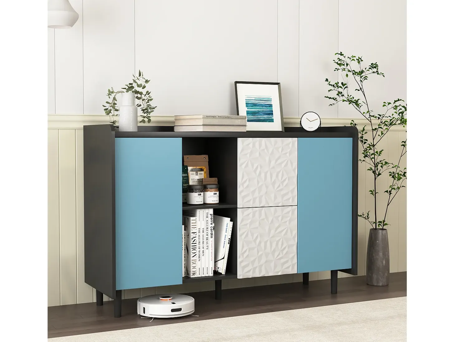 Aparador con 2 cajones, 2 estantes abiertos y puertas azules, moderno mueble de almacenaje en MDF negro y azul (120x40x80 cm)
