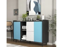 Aparador con 2 cajones, 2 estantes abiertos y puertas azules, moderno mueble de almacenaje en MDF negro y azul (120x40x80 cm)