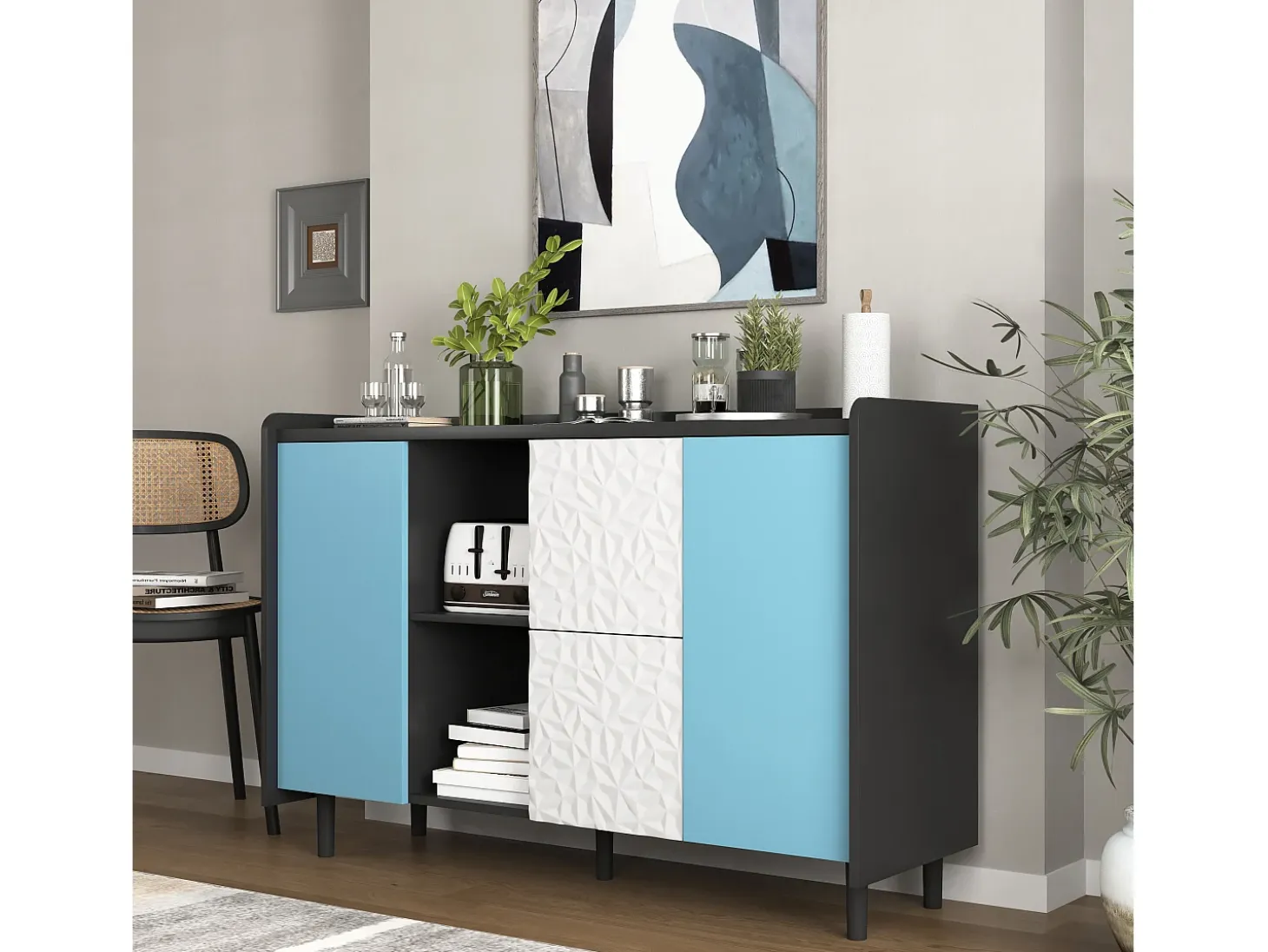 Aparador con 2 cajones, 2 estantes abiertos y puertas azules, moderno mueble de almacenaje en MDF negro y azul (120x40x80 cm)