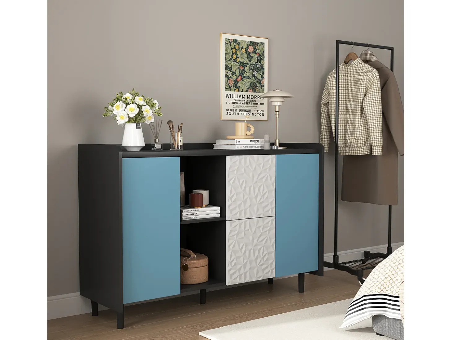 Aparador con 2 cajones, 2 estantes abiertos y puertas azules, moderno mueble de almacenaje en MDF negro y azul (120x40x80 cm)