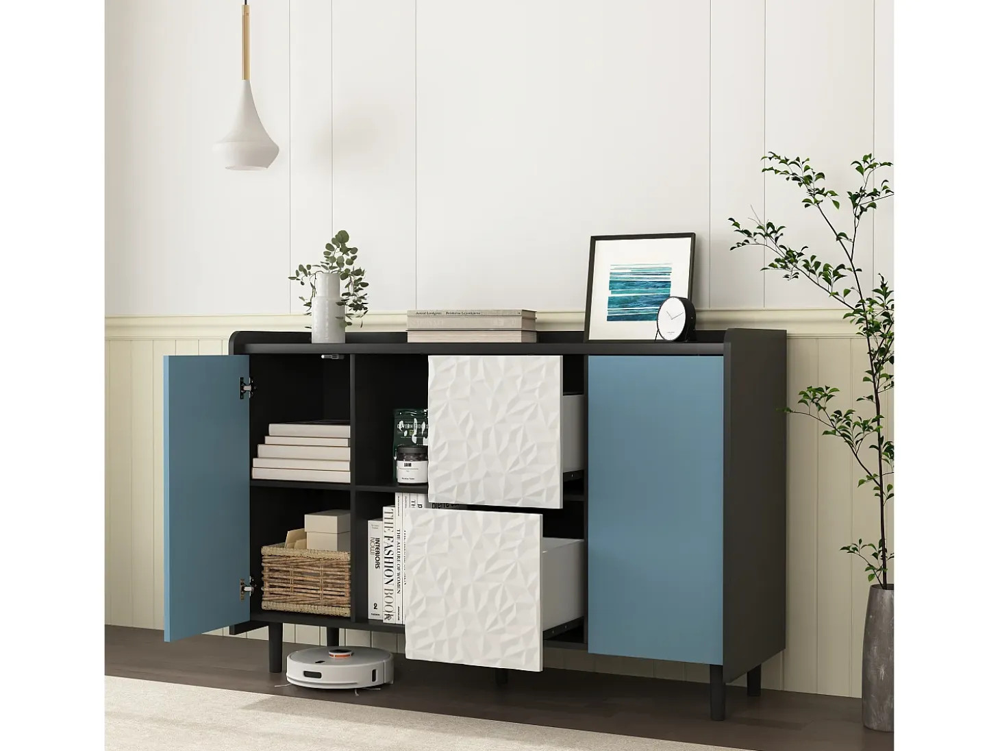 Aparador con 2 cajones, 2 estantes abiertos y puertas azules, moderno mueble de almacenaje en MDF negro y azul (120x40x80 cm)