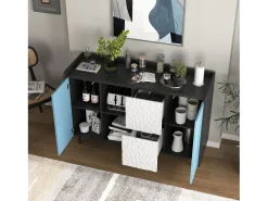 Aparador con 2 cajones, 2 estantes abiertos y puertas azules, moderno mueble de almacenaje en MDF negro y azul (120x40x80 cm)