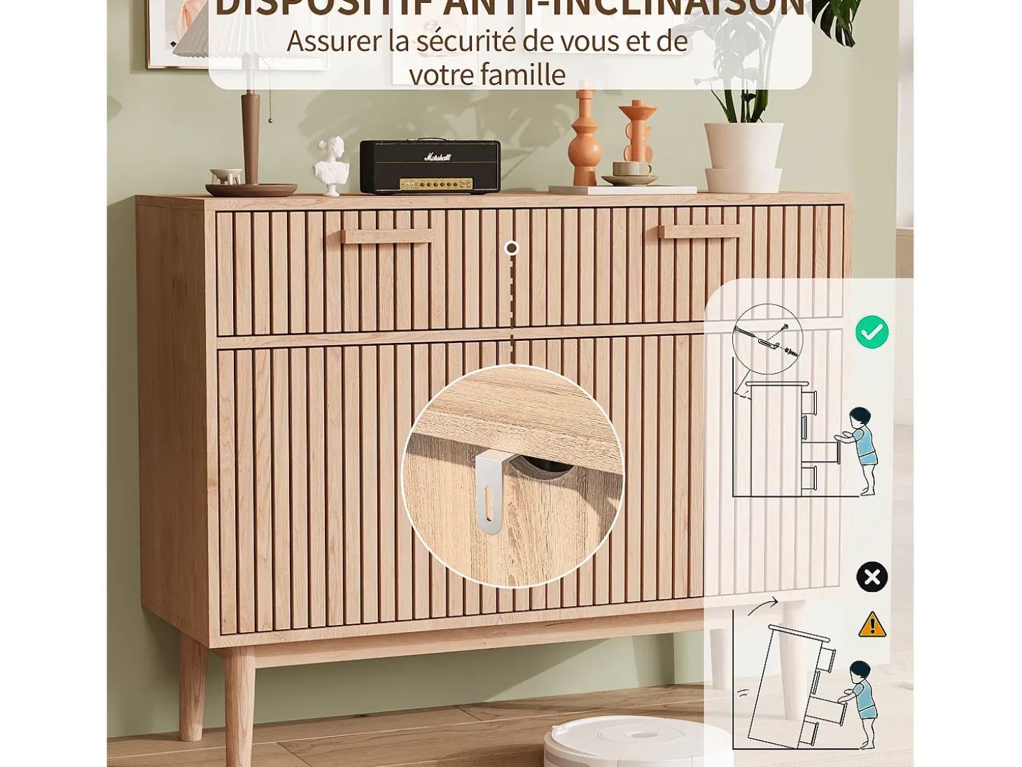 Aparador con 2 cajones y 2 puertas, mueble de cocina, madera, 100 x 35 x 80 cm