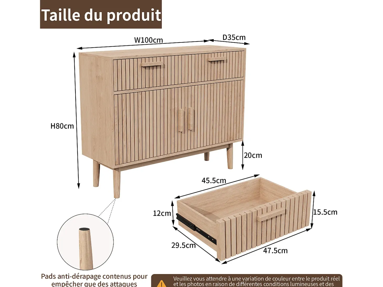 Aparador con 2 cajones y 2 puertas, mueble de cocina, madera, 100 x 35 x 80 cm